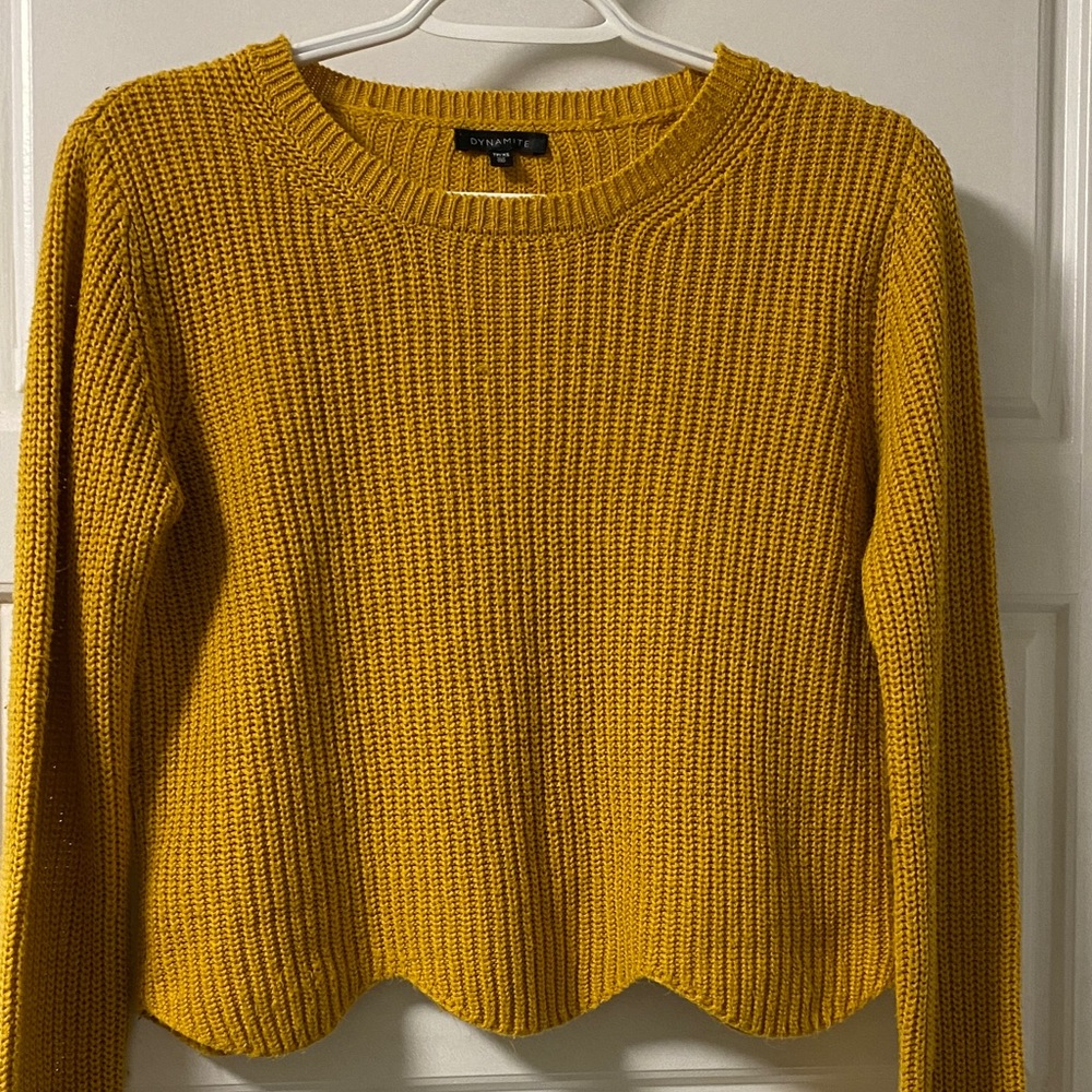 Cropped Scallop Hem Mustard Yellow Sweater